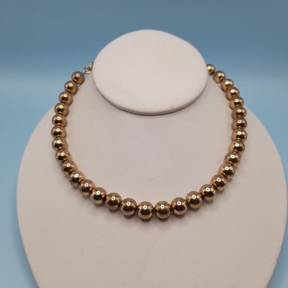 Vintage Gold Tone Metal Beaded Choker Necklace, Strung on Chain, 16 Inches - Picture 9 of 11